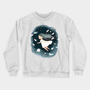 Ethereal White Dress Girl Soaring Amongst Stars and Flowers Crewneck Sweatshirt